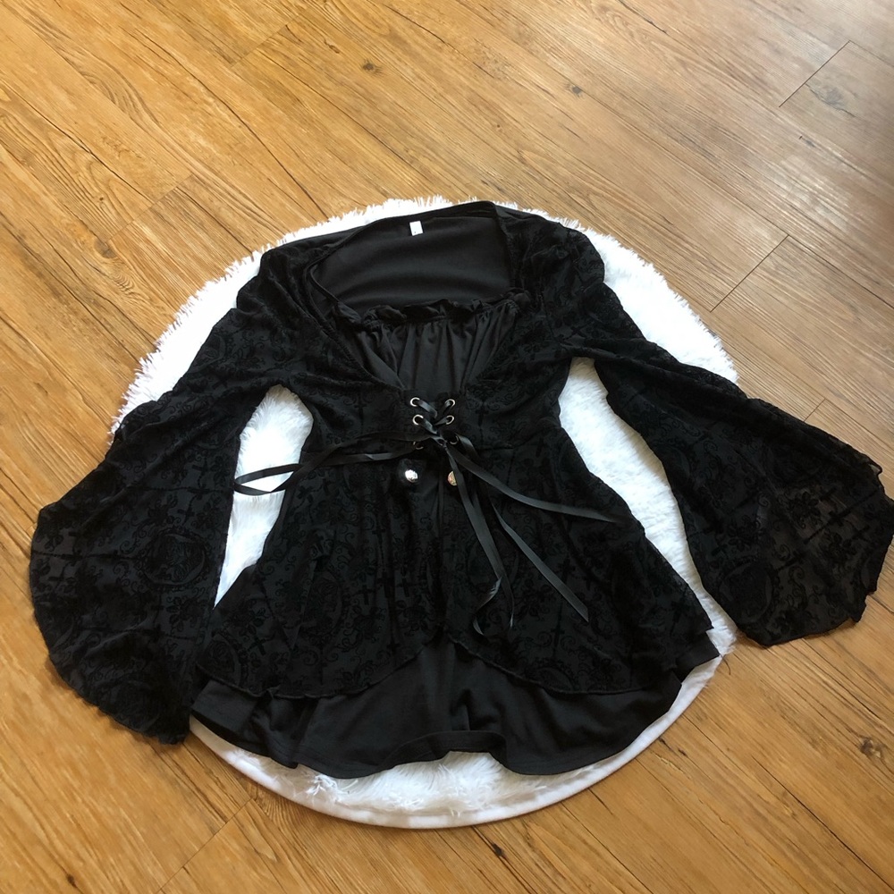 Gothic Black Lace-Up Velvet and Lace Cross/Flower/Skull Blouse with Bell Sleeves